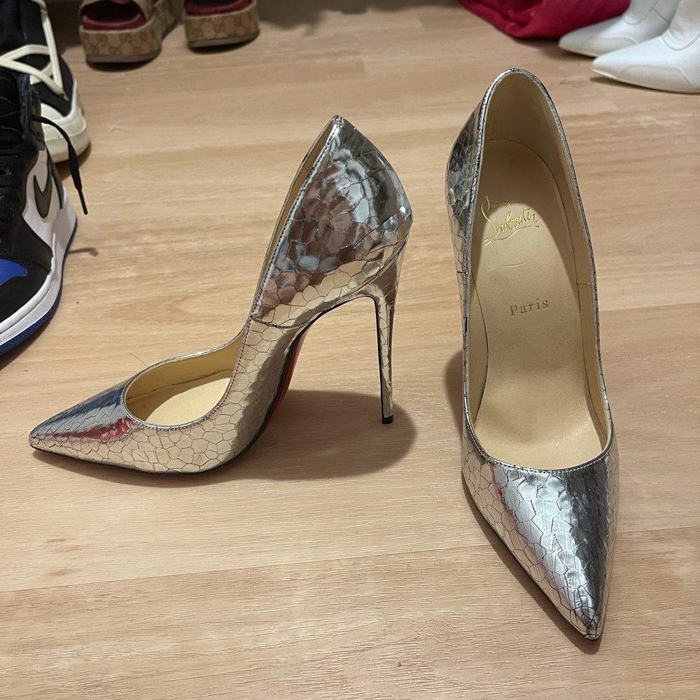 Christian Louboutin So Kate Silver Croc Heels